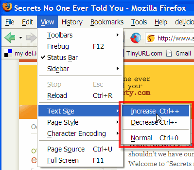 Firefox - change text size screenshot Firefox - change text size screenshot